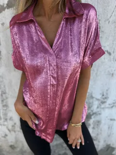 Women's Solid Colour Casual Loose Bronzing Short-sleeved Lapel Shirt - Red - View 1