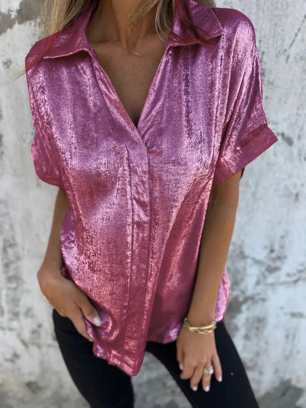 Women's Solid Colour Casual Loose Bronzing Short-sleeved Lapel Shirt - Purplish Red
