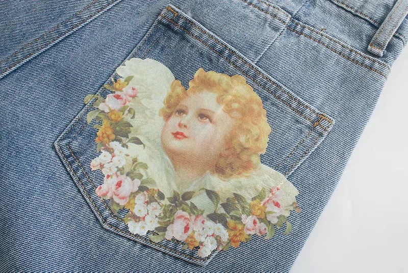 Title 13, Amerikanische High Waist Jeans mit Engelsdruck,...