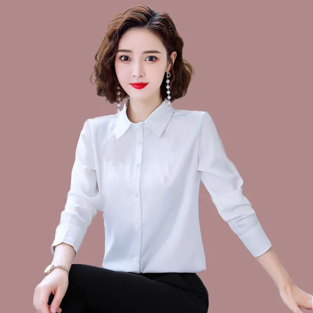 Dark Green Simple Shirt Women's Long sleeved Slim fit Long sleeved White Shirt White - Shop at LoveMi