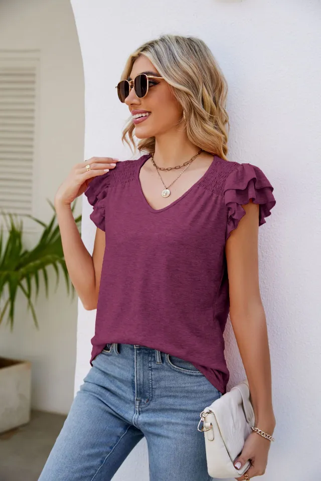 Women's Solid Color And V neck Pleated Short Sleeves Loose Top Purple - Shop at LoveMi