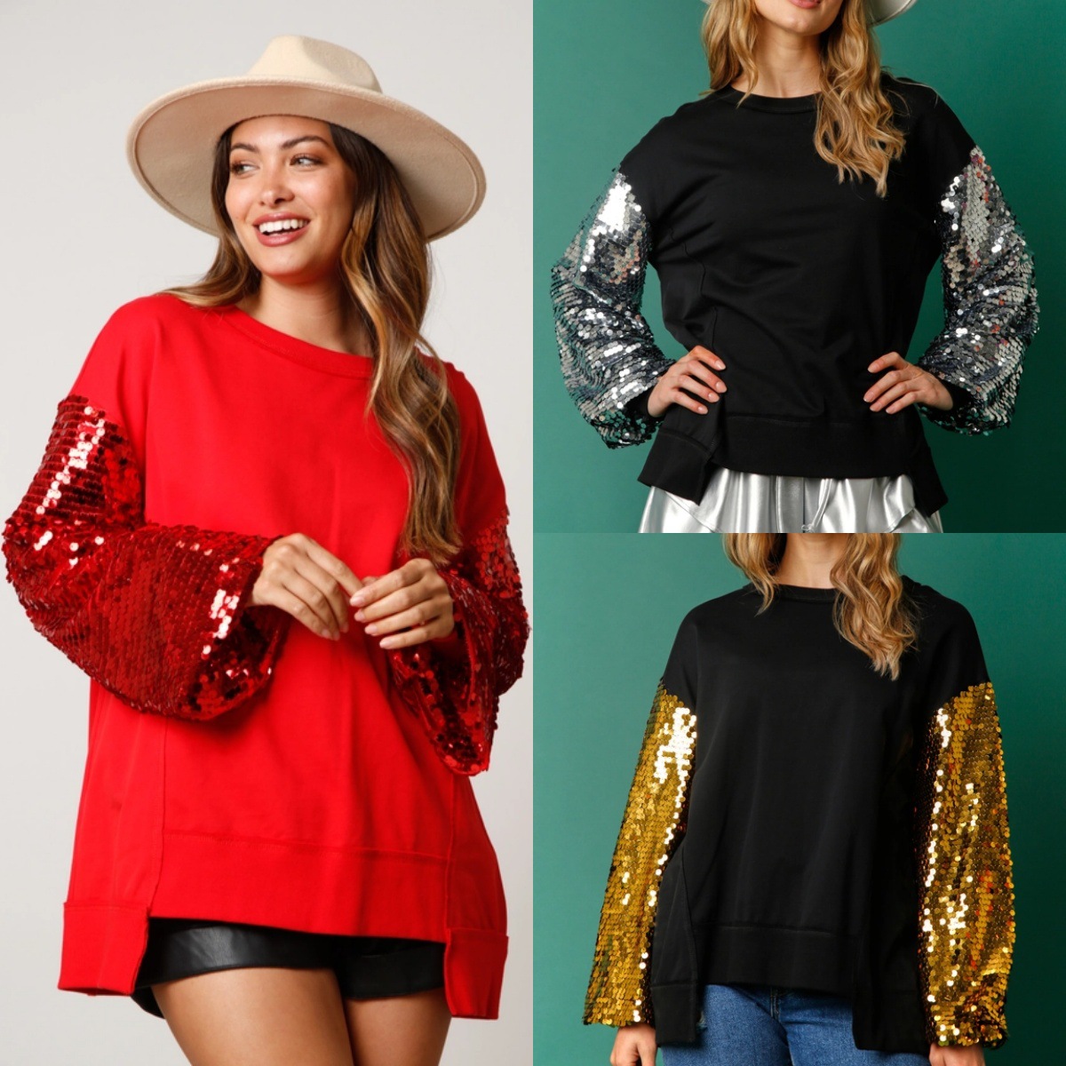 Christmas Sequined Sleeve Top Spliced Long-Sleeve Womens Sweatshirt
