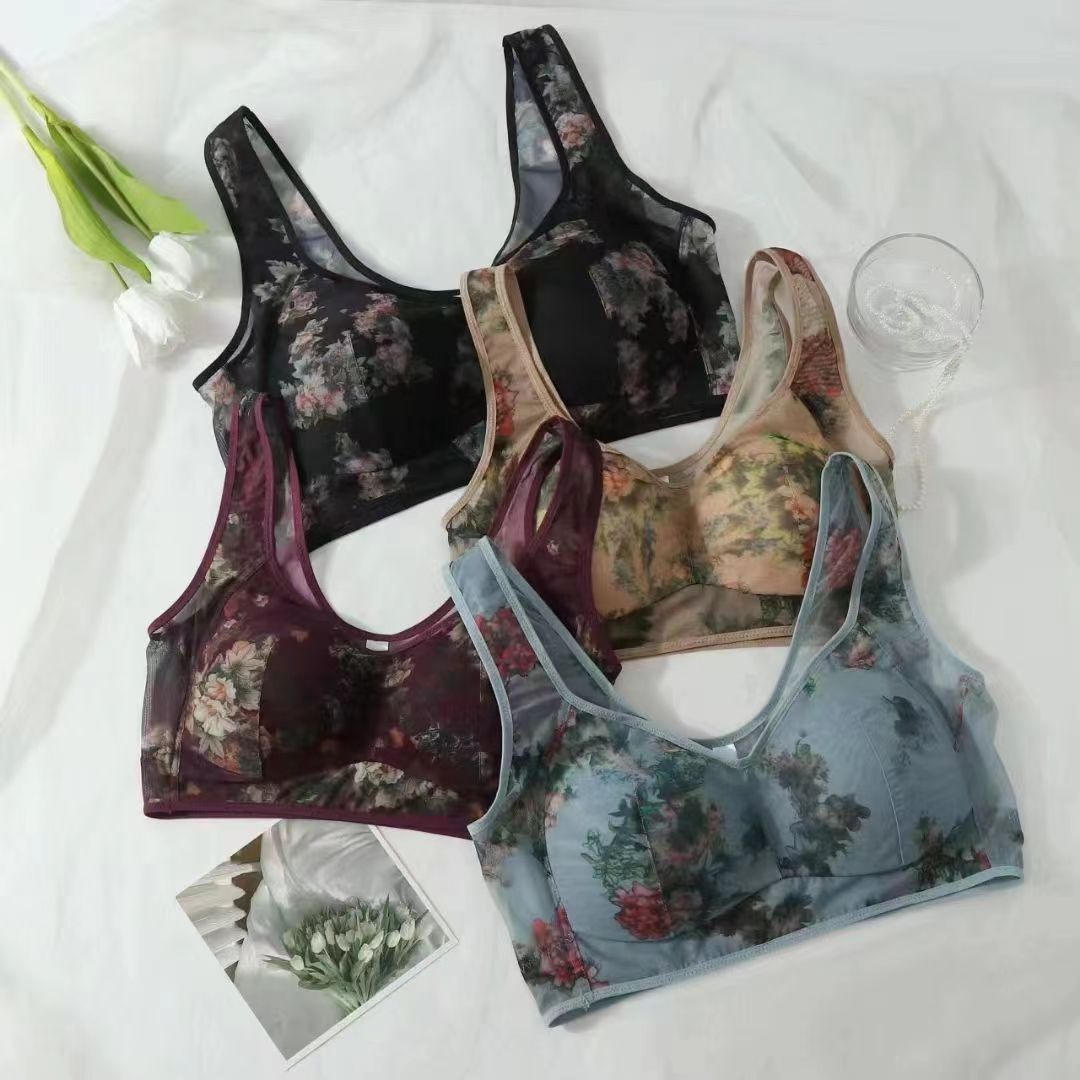 Mesh Floral Print Comfortable Wireless Bra Underwear