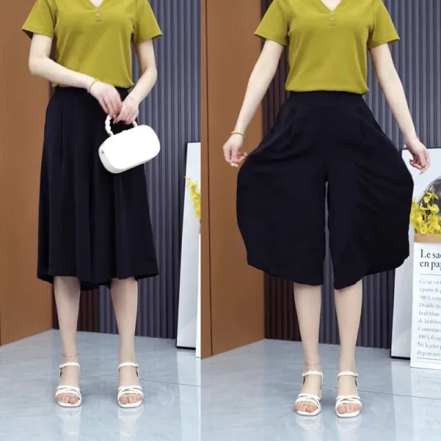 Women's Pants High Waist Wide Leg Pants Polka Dot Floral Half length Pure Black - Shop at LoveMi