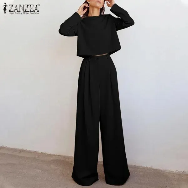 Loose fitting Solid Color Long Sleeves Casual Two piece Suit Wide Leg Pants Suit Black - Shop at LoveMi