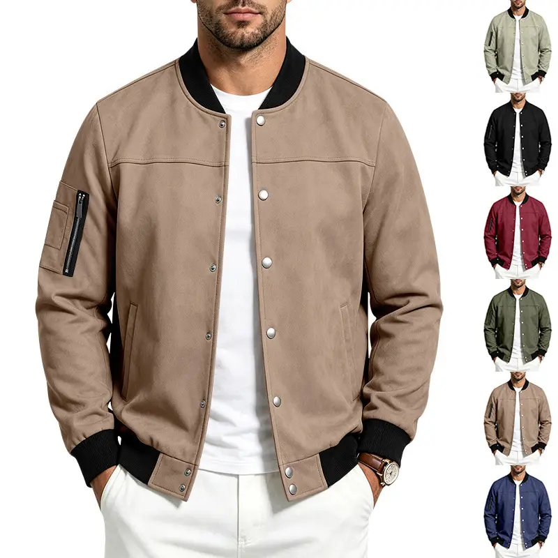 Mens Suede-Blend Casual Sporty Stand-Neck Jacket