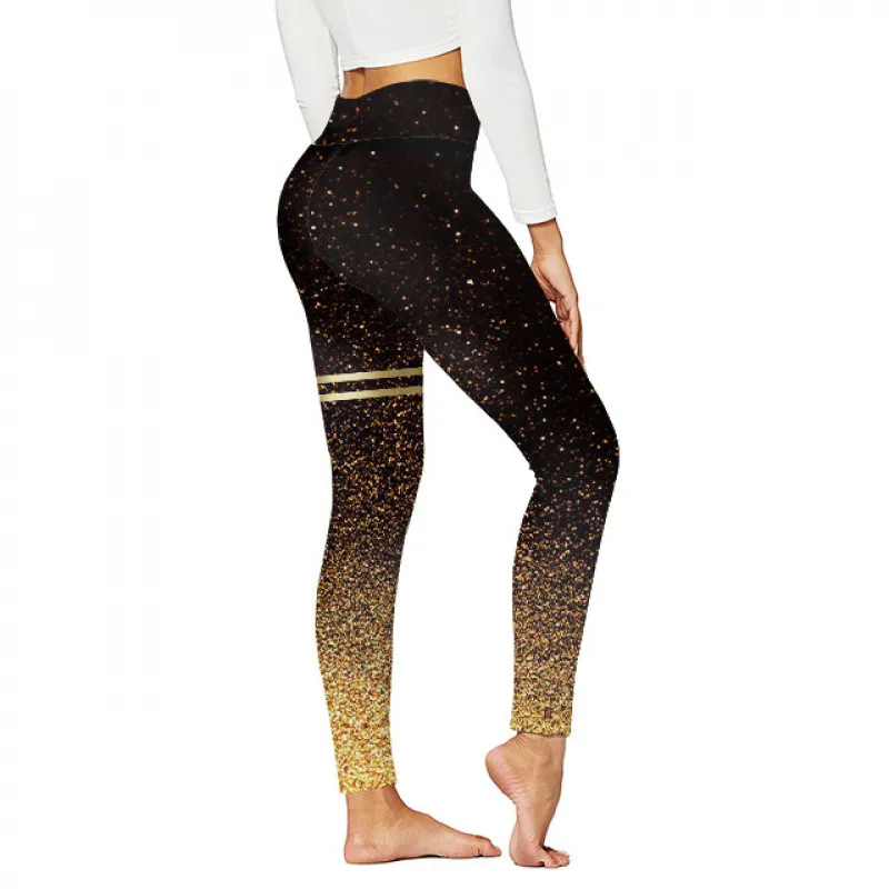 High-waisted Yoga Pants With Double-ring Gold-stamped Print - Gold