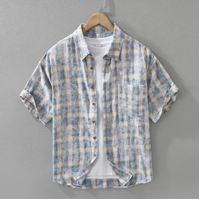 Mens Fashionable Plaid Short-Sleeve Shirt
