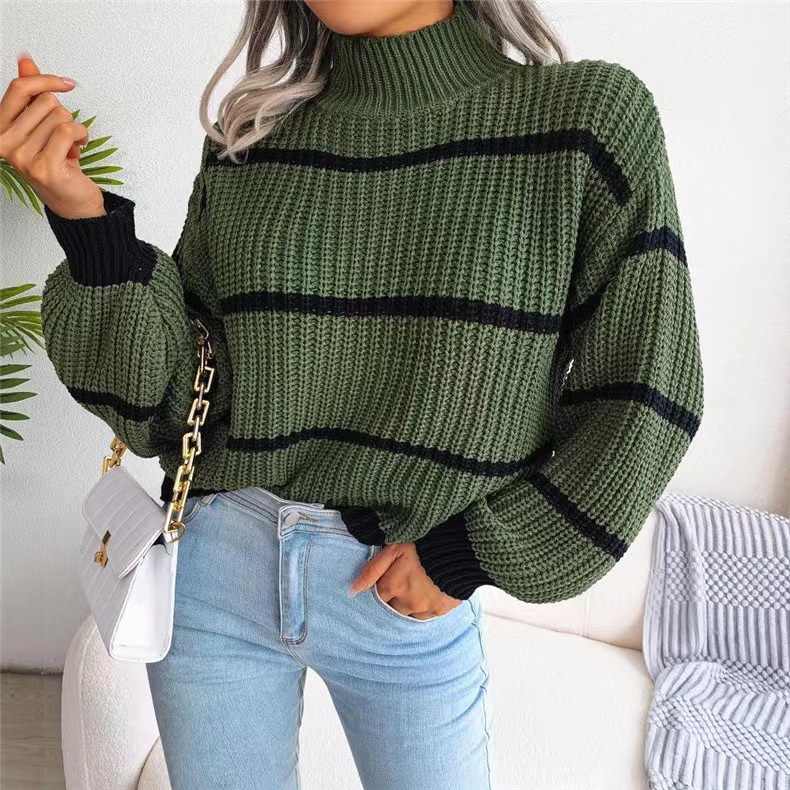 Title 8, Contrast Color Striped Sweater New Half Turtlen...