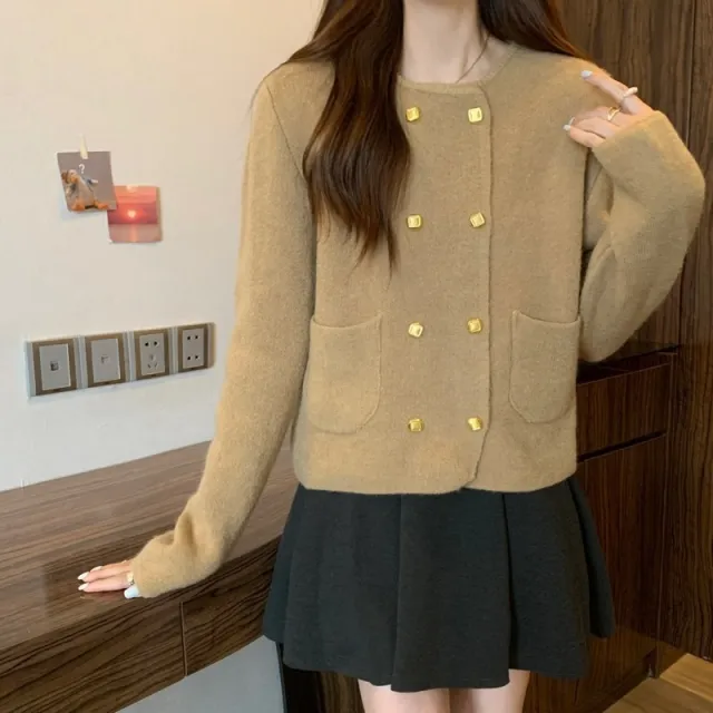 Solid Color Double Breasted Round Neck Knitted Cardigan Khaki - Shop at LoveMi