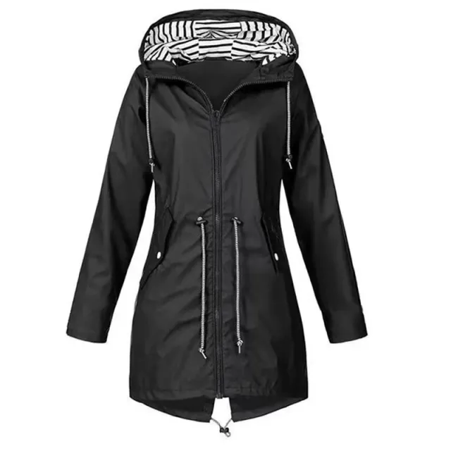 Womens Waterproof Raincoat Casual Basic Outdoors Drawstring Trench Lightweight Drawstring Jackets Hiking Clothes For Women Black - Shop at LoveMi