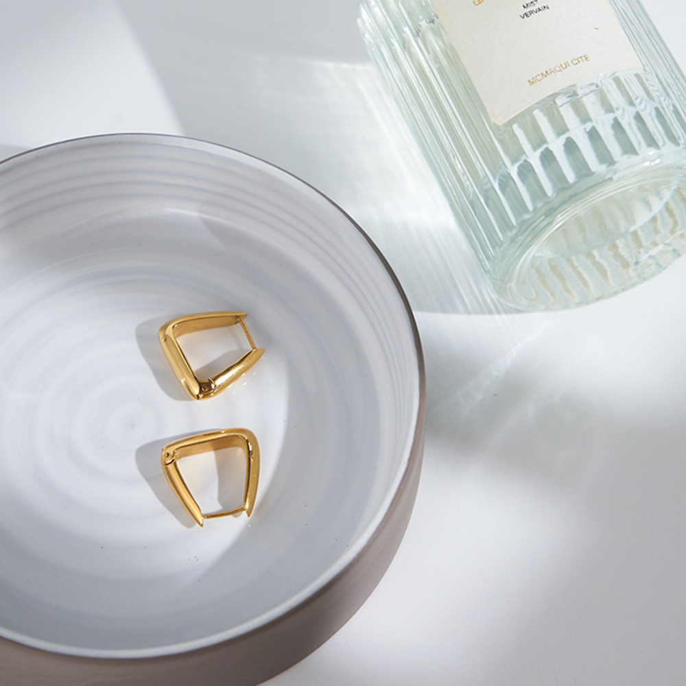 18K Gold Titanium Steel Special-interest Design Geometric Three-dimensional Triangle Earrings INS Style