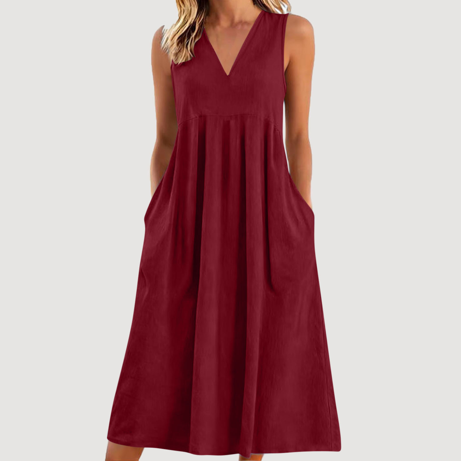 Loose-fitting Cotton-linen Dress With A V-neck And No Sleeves