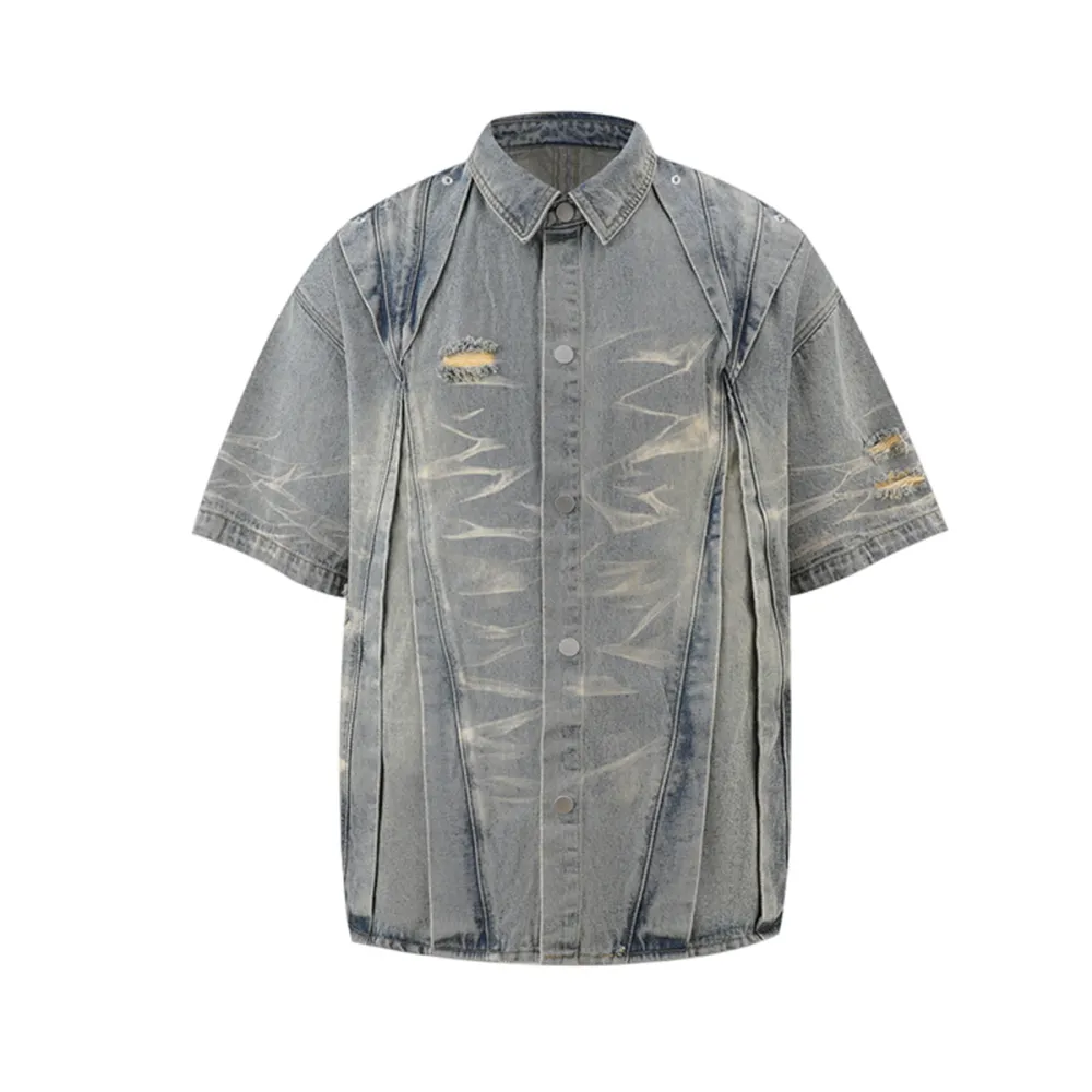 High-Street Edgy Stylish Washed Denim Workwear Shirt Set