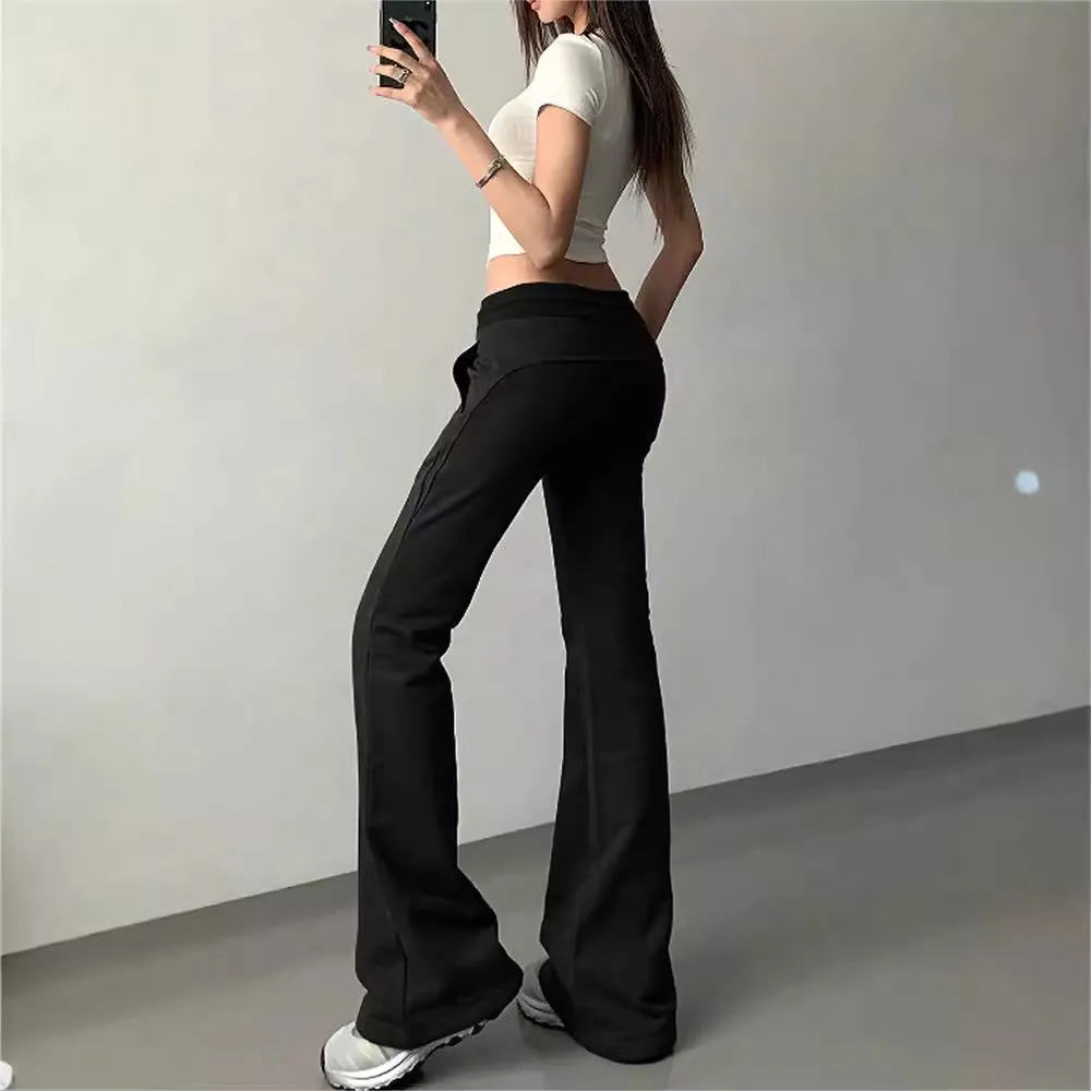 Women's Casual Flared Pants Low Waist Yoga Pants - Black