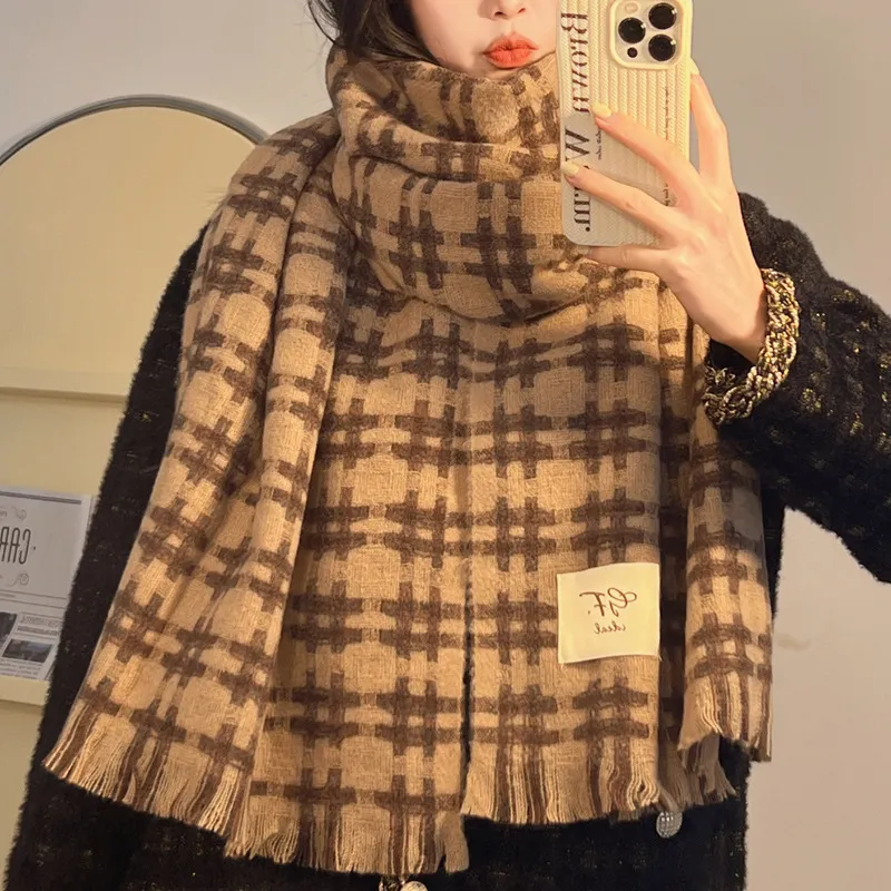 Korean Style Plaid Scarf Winter Women - Khaki