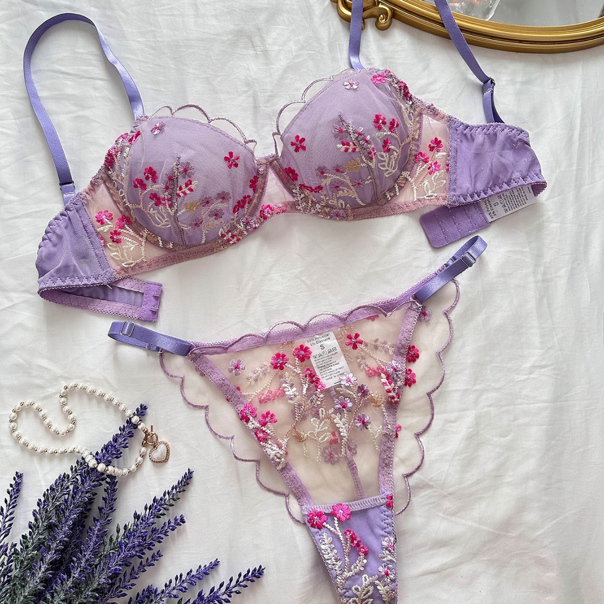 Girl Floral Embroidered Mesh Gather Thin Underwear — image 1