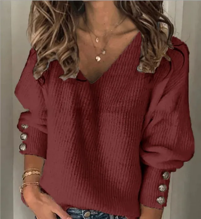 All match Knitted V neck Loose Long sleeved T shirt Red - Shop at LoveMi