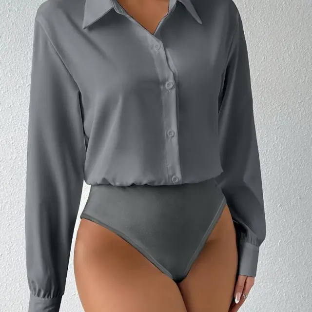 New Button Front Long Sleeve Jumpsuit Elegant Solid Color Grey - Shop at LoveMi