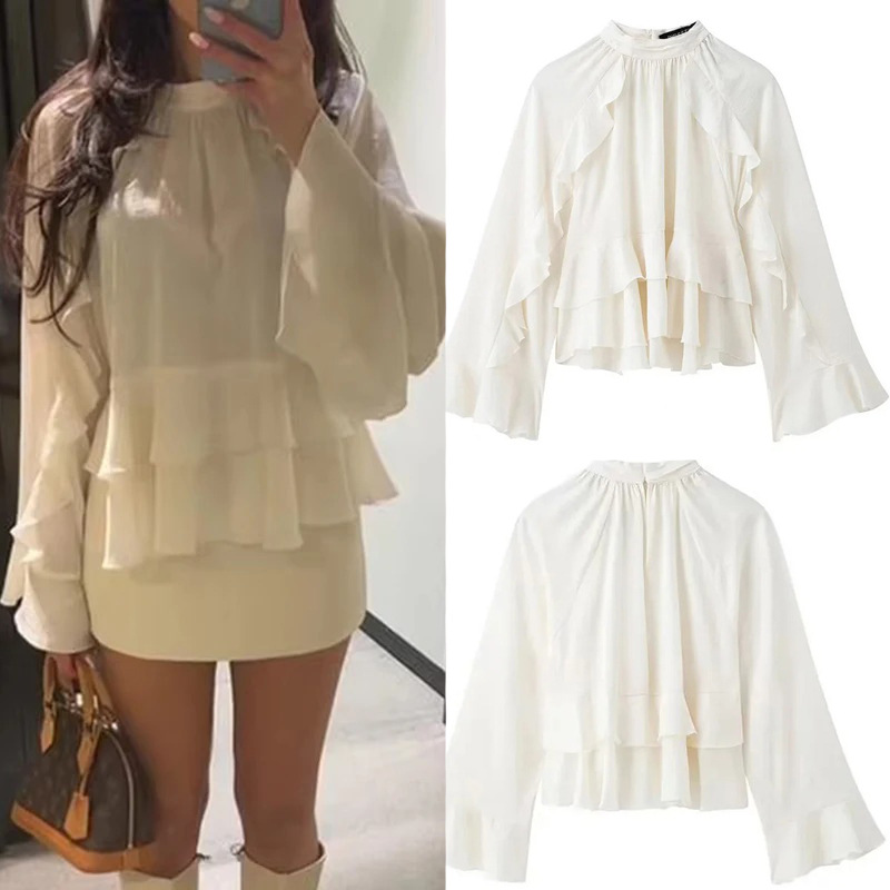 Women's Autumn Satin Top With Ruffle Sleeves