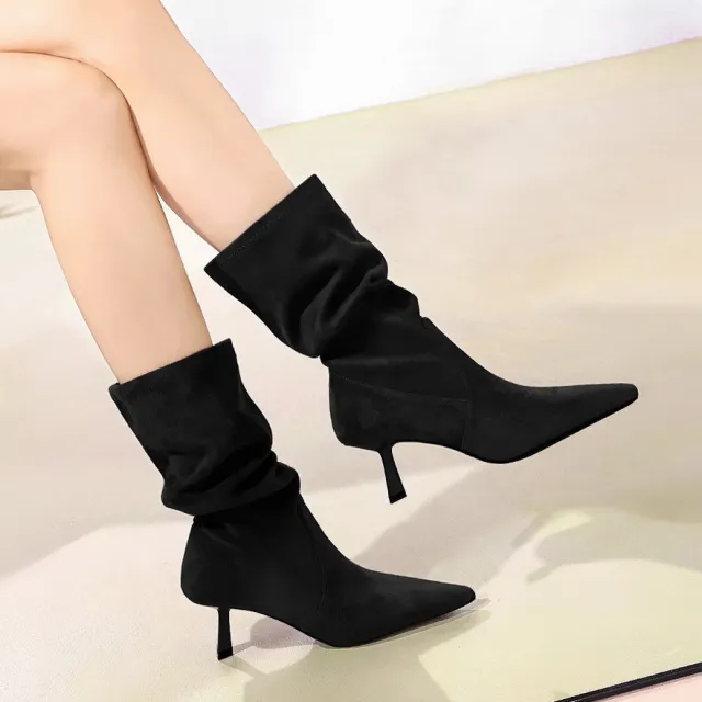 Middle Boots Elastic Pleated Pile Style All Match Pointed Toe Black - Shop at LoveMi