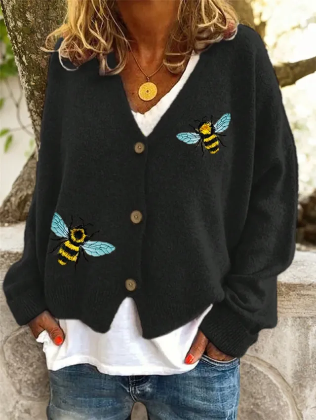 Animal Pattern Design Knitted Cardigan Sweater Black - Shop at LoveMi