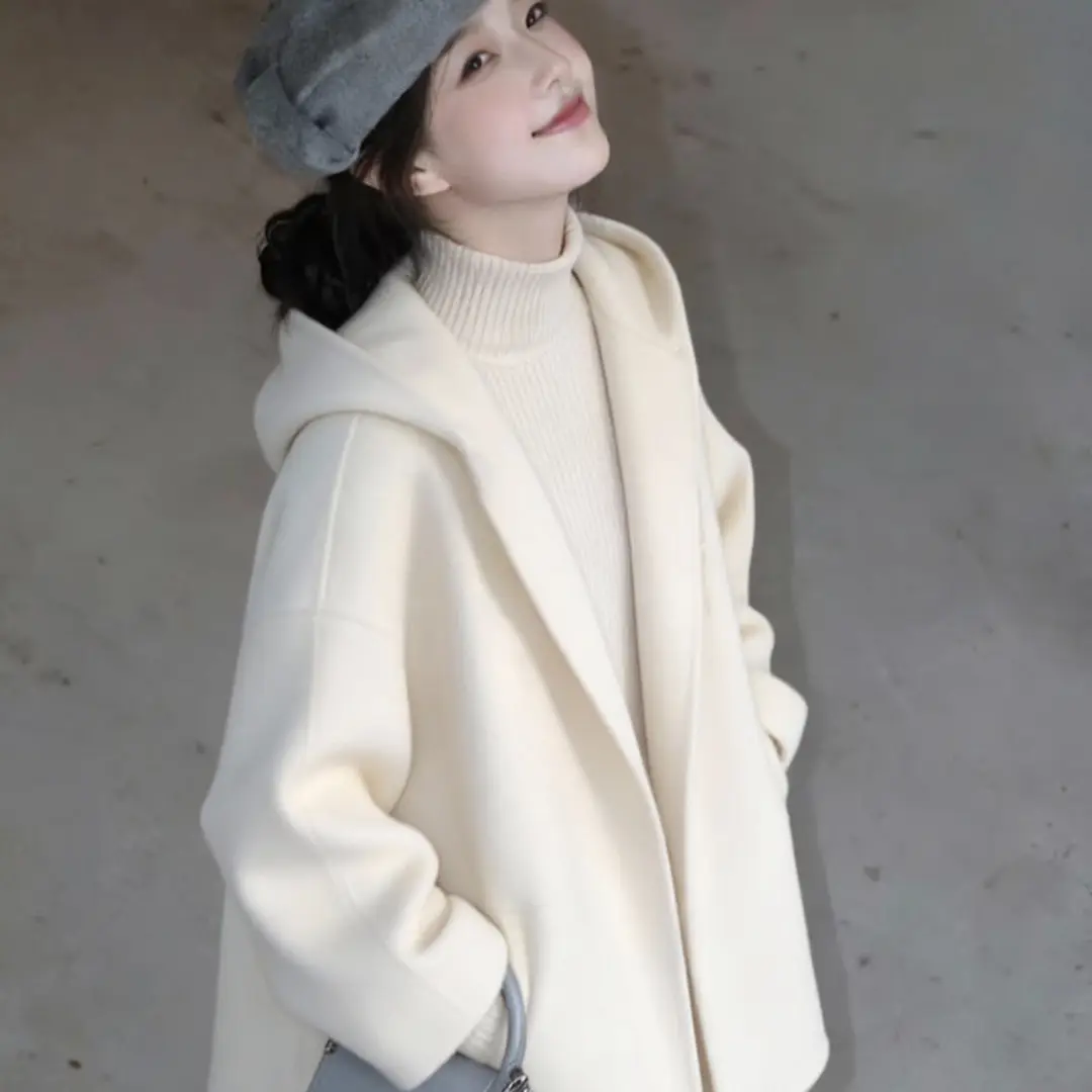 Womens White Hooded Double-Faced Wool Coat