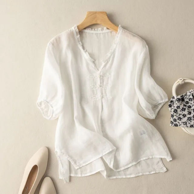 Cotton And Linen Embroidered V neck Short Sleeve White - Shop at LoveMi