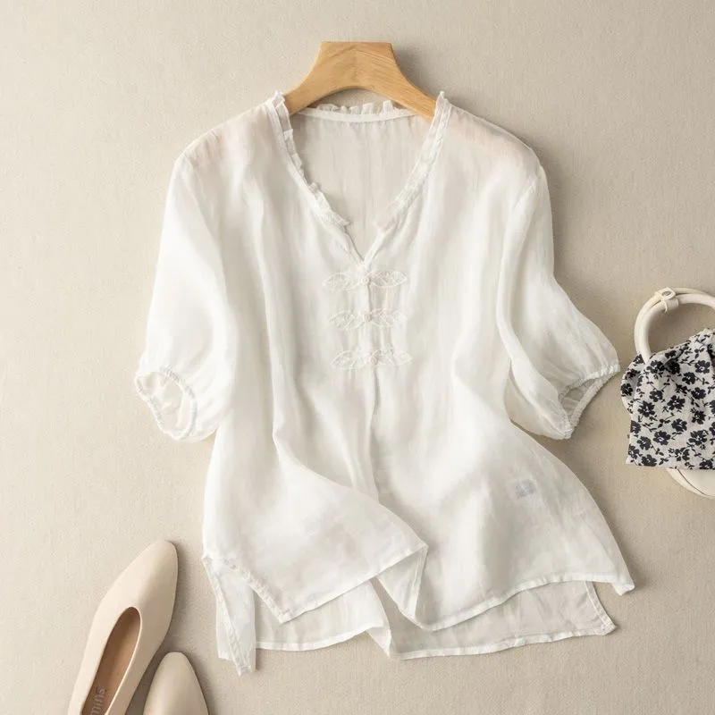 Cotton And Linen Embroidered V-neck Short Sleeve - White