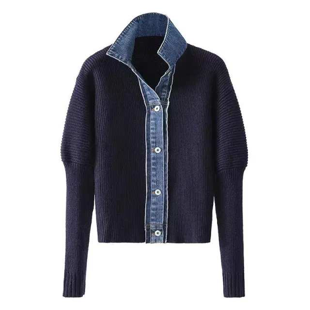 Women's Denim Patchwork Knitting Coat Top Navy - Shop at LoveMi