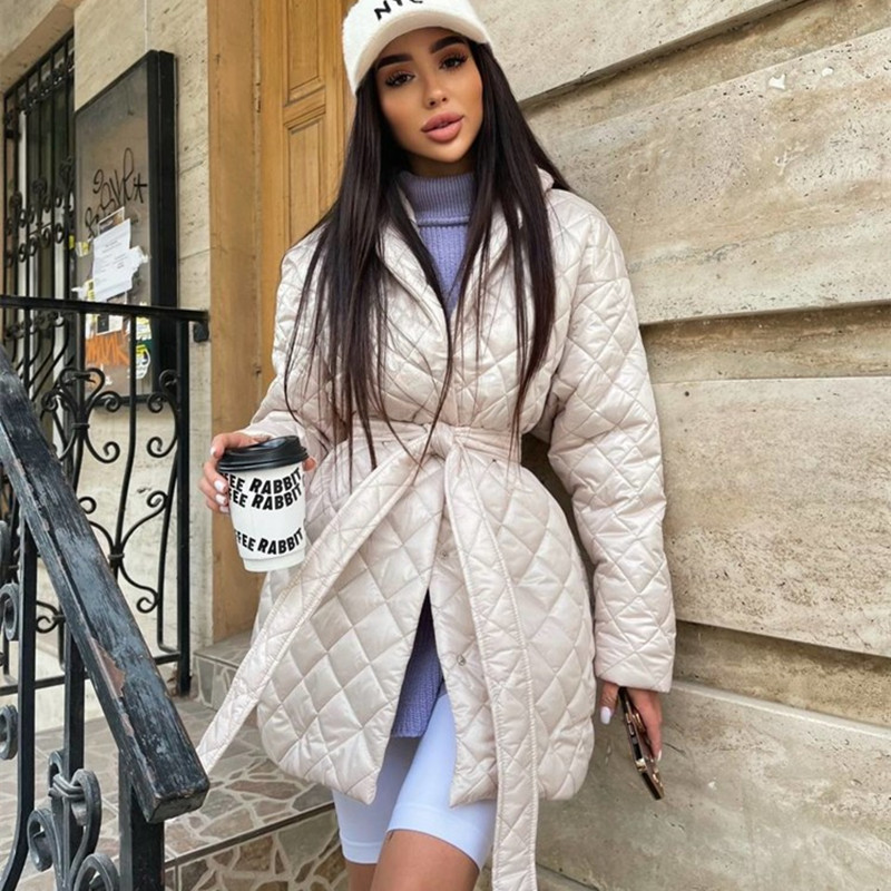 2 European And American Winter Clothing Ins Slim fit Lace Up Lapel Plaid Cotton padded Coat Apricot - Shop at LoveMi