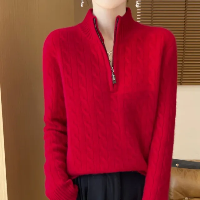 Women's Woolen Sweater Half Zipped Stand Collar Sweater - Shop at LoveMi