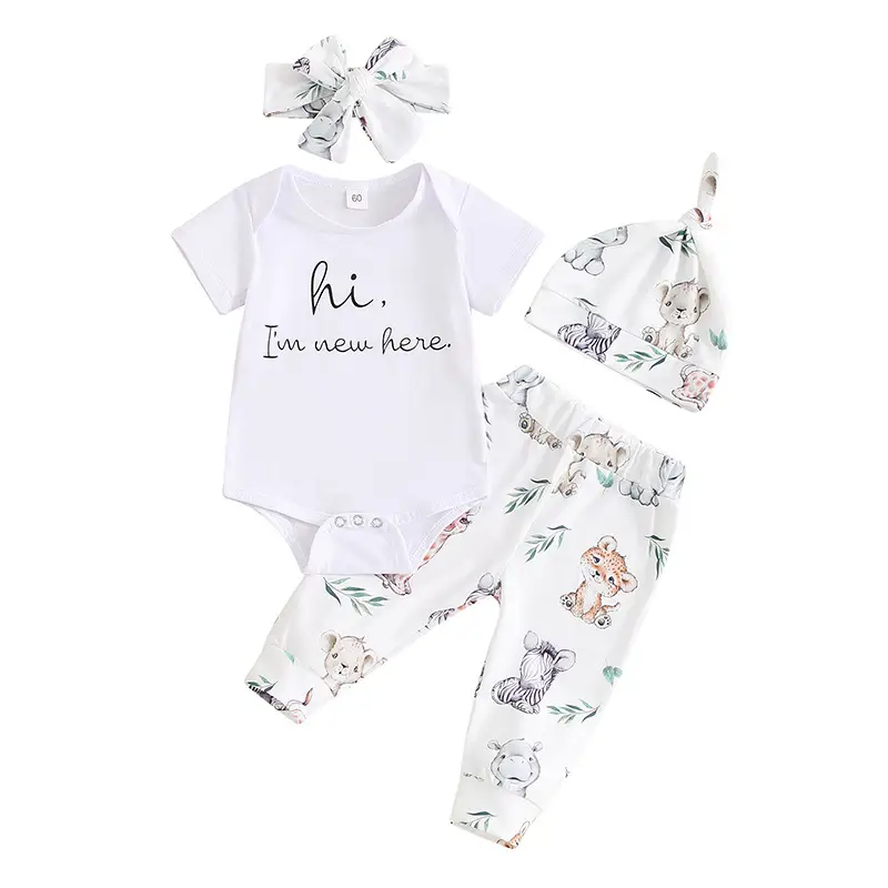 Letter-print Short-sleeve Romper Long Pants Hat And Headband Four-piece Set