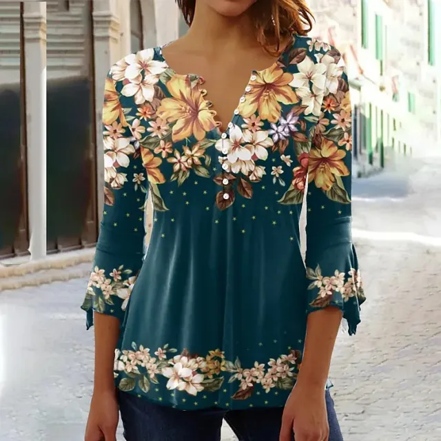 Fashion Flower Printed V neck Three quarter length sleeved T shirt Element 7 Xl - Shop at LoveMi