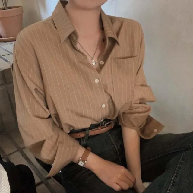 Retro Simple Striped Lapel Long Sleeve Shirt Khaki - Shop at LoveMi