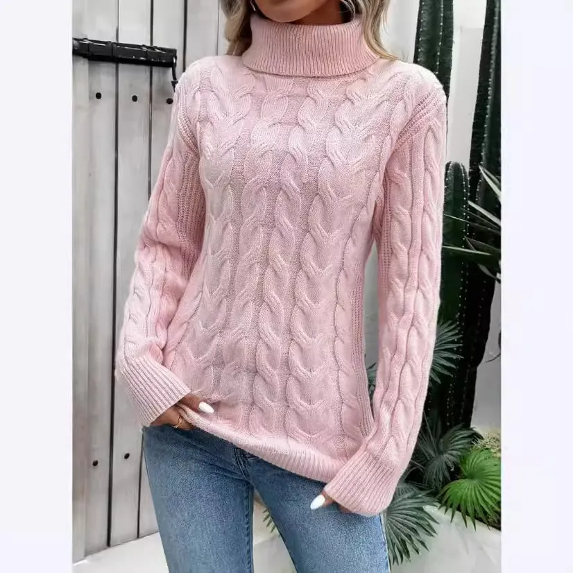 Women's Cable-knit Turtleneck Sweater - Pink