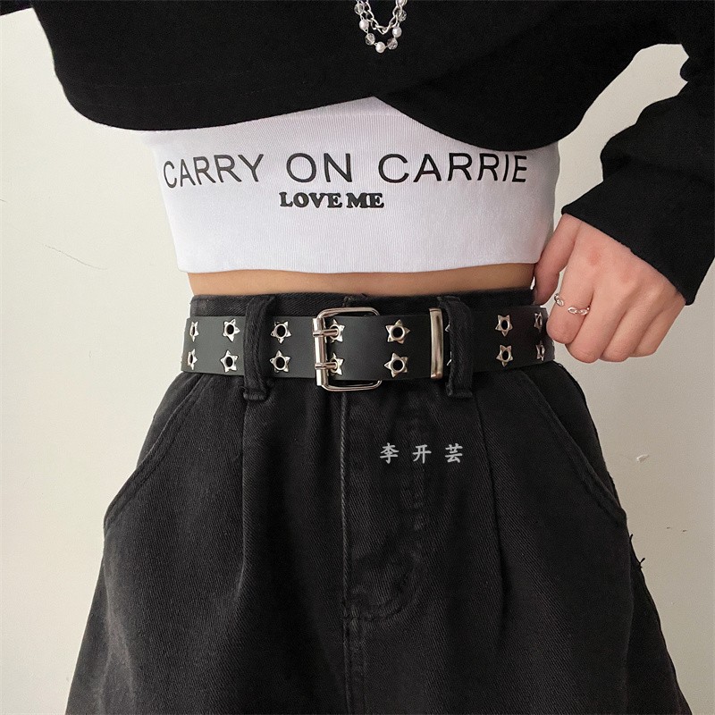 Double-Row Eyelet Belt With Hollowed-Out Design Casual Punk Leather Belt For Women