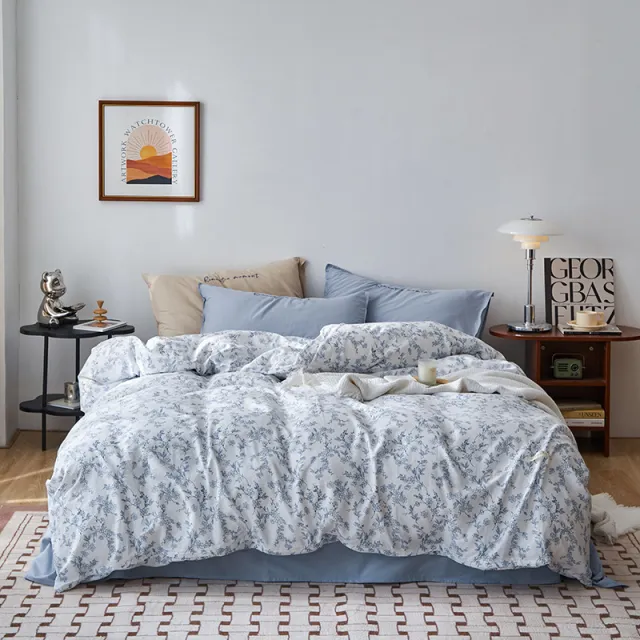 Cotton Washed Double layer Yarn Four piece Bedding Set Blooming Pinellia Blue - Shop at LoveMi
