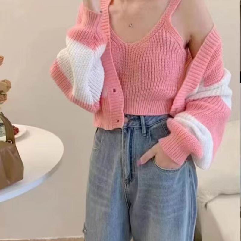Women's Clothing Two piece Set Sweater Striped Short Style Fashionable Knitted Suit Pink - Shop at LoveMi