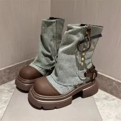 Women's Shoes Denim Metal Buckle Ankle Boots Round Head Thick Bottom Casual - Blue - View 1