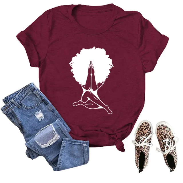 Printed Melanin Casual Women's Top T Shirt Short Sleeve Wine Red - Shop at LoveMi