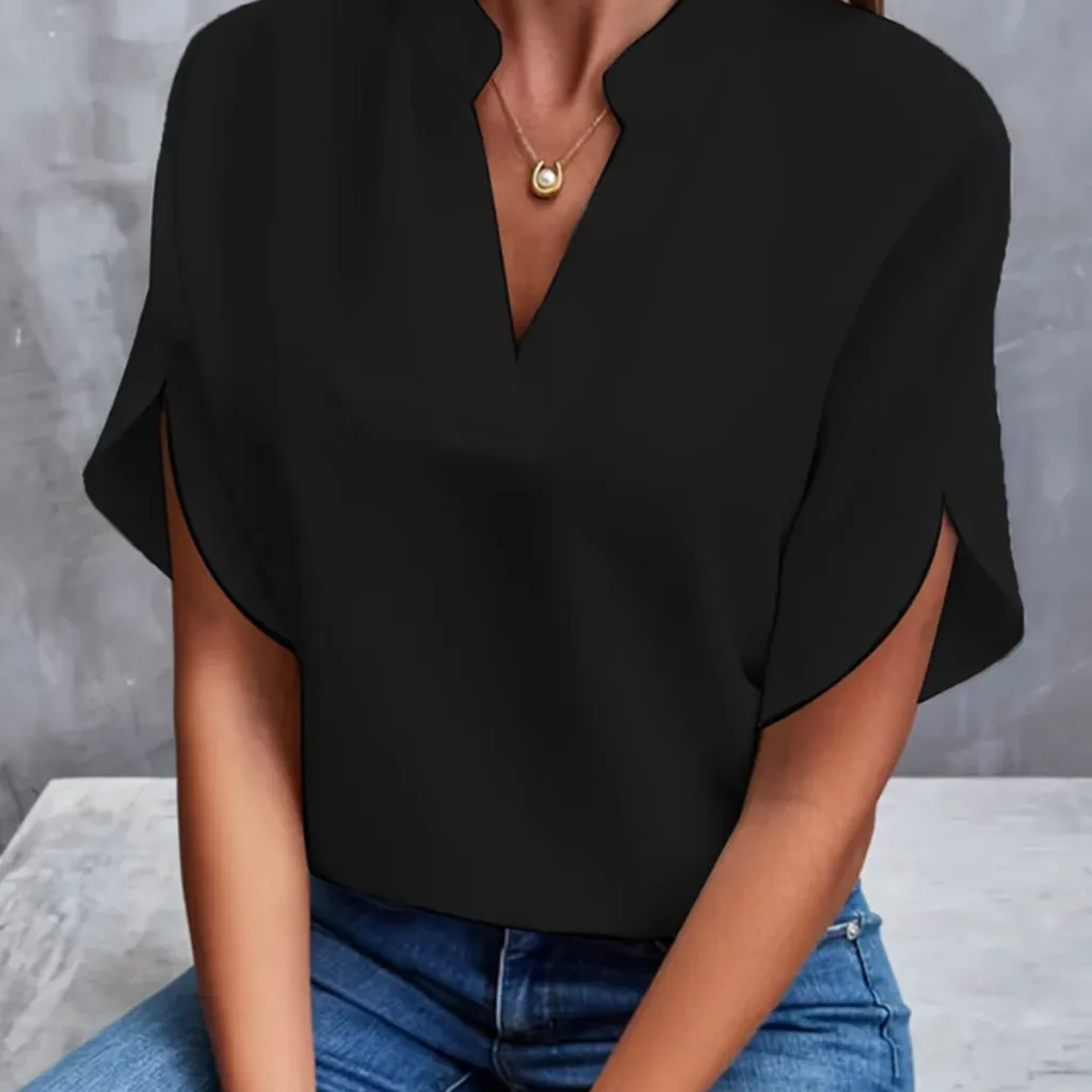 Summer Short-sleeved Chiffon Shirt New V-neck Shirt Women's Casual Versatile Clothing - Black
