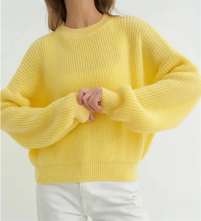 Women's Solid color Crew neck Loose fitting Pullover Sweater Yellow - Shop at LoveMi