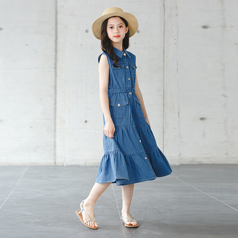 Denim Blouse Collar Vest Dress - Image 2