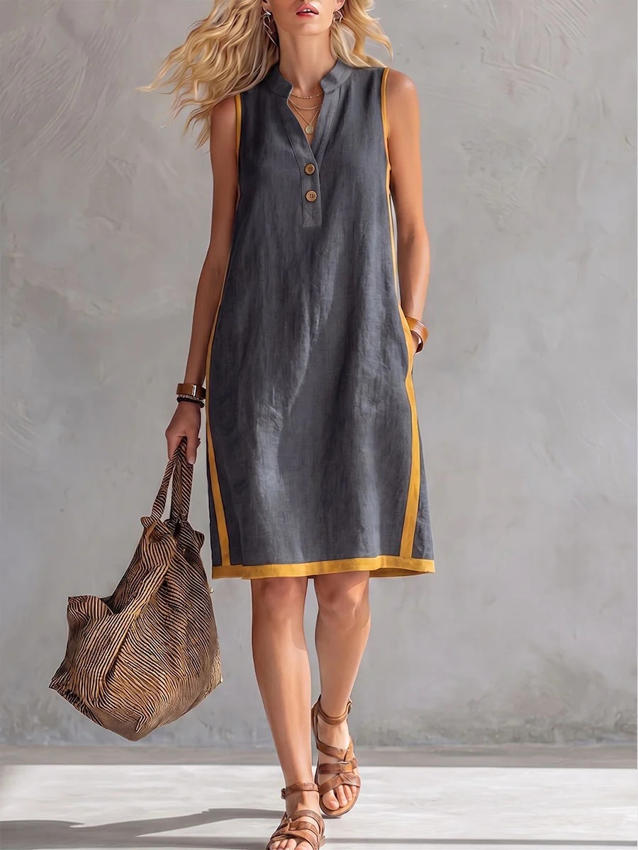 Women's sleeveless V-neck button-front pocketed A-line midi dress, front view showing full silhouette