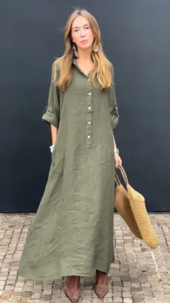 Casual Cotton And Linen Blend Plus Size Dress - Green - View 1