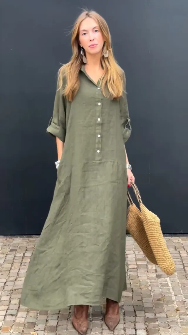 Casual Cotton And Linen Blend Plus Size Dress Green - Shop at LoveMi