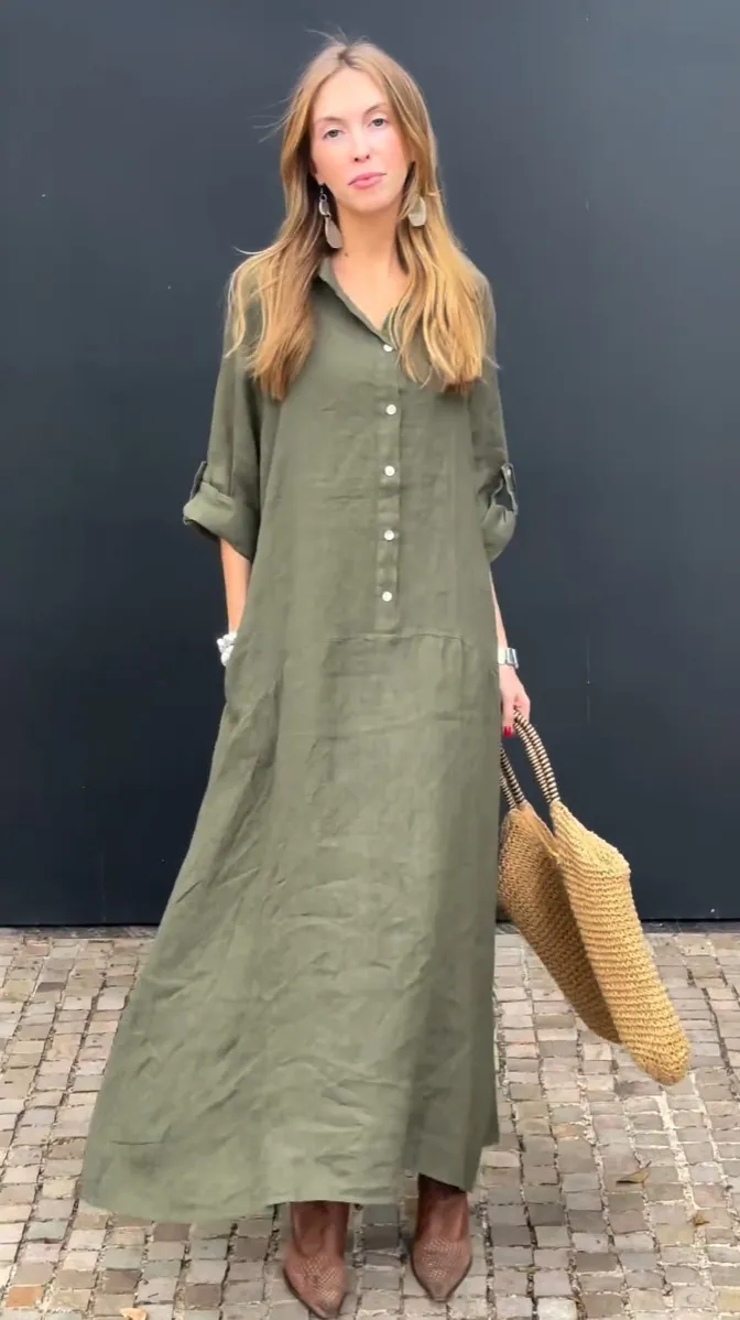 Casual Cotton And Linen Blend Plus Size Dress - Green