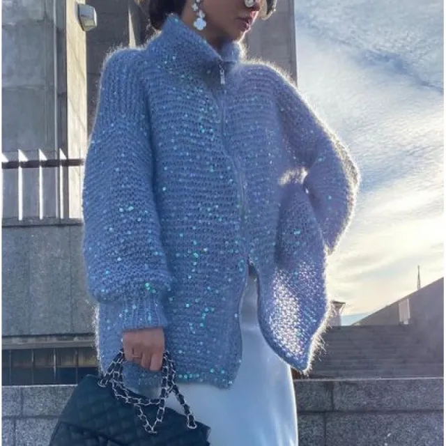 Western Classy Style Fashion Sequin Design Knitwear Coat Solid Color Blue - Shop at LoveMi