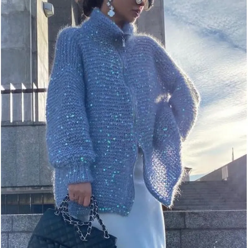 Western Classy Style Fashion Sequin Design Knitwear Coat - Solid Color Blue